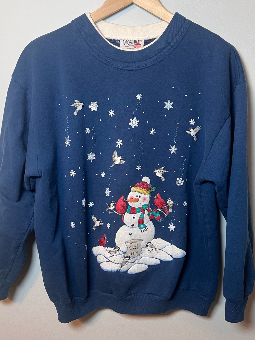 Vintage Christmas Sweatshirt Holiday Snowman size M Petite Blue Made in USA